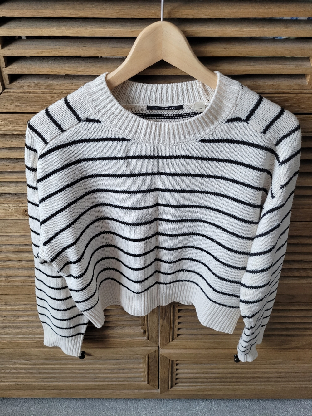 T Tahari White and Black Striped Crewneck Knit Sweater